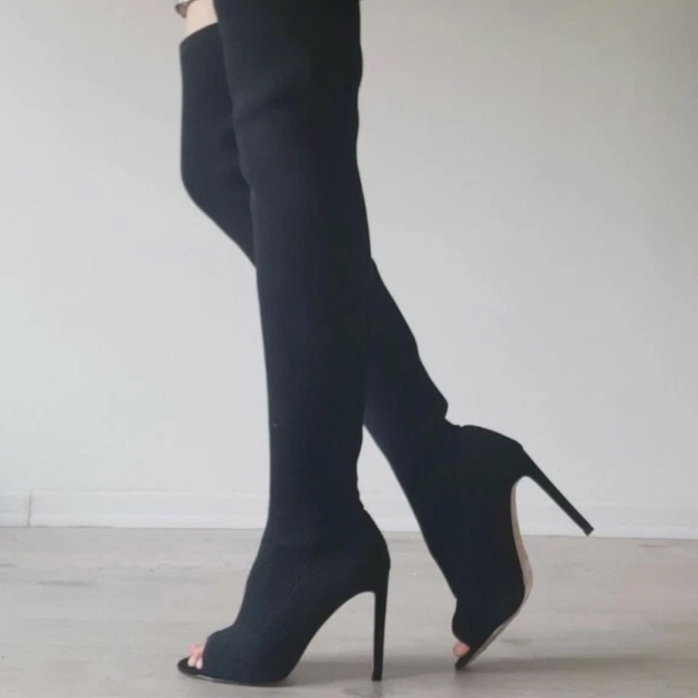 Zara over the knee high heel fabric boots, open toe